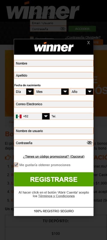 Registro en la app Winner Casino.